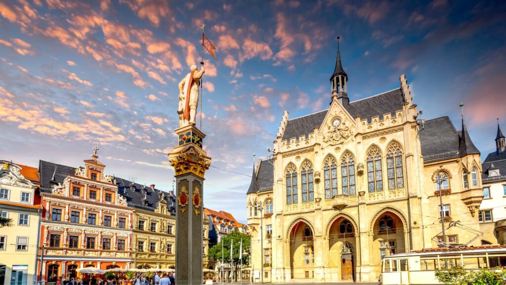 Brightly lit scene of the cathedral in Erfurt, Germany.